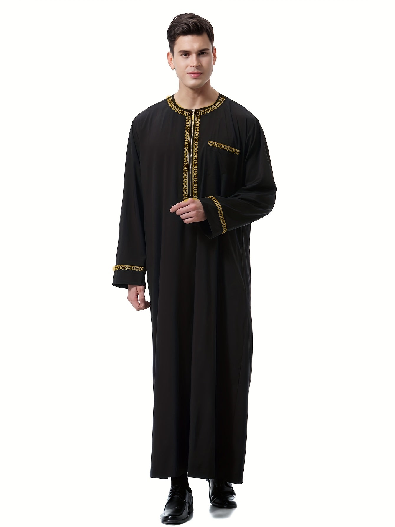 جلباب عربي رجالي أنيق بلون موحد وياقة دائرية - ثوب طويل مخطط عمودي بأكمام طويلة وجيب - كنورة رمضان وعيد الأضحى - دشداشة رجالية تقليدية - جبة حج وكفطان عربي - Ebuy.sa