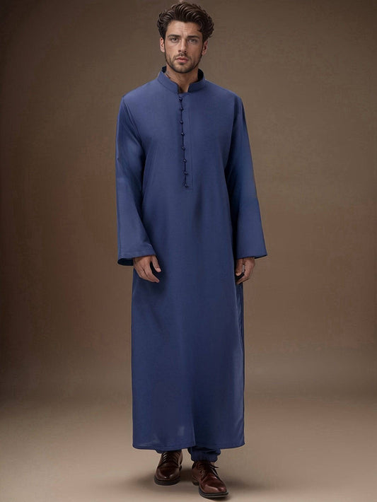 ثوب عربي رجالي كاجوال – قماش بوليستر ناعم وقابل للتنفس مع مزيج سباندكس، بأكمام طويلة وياقة واقفة، بلون أبيض سادة، بقصة فضفاضة، جاكيت عيد الفطر، مثالي للحج أو المناسبات الثقافية للمسلمين - Ebuy.sa