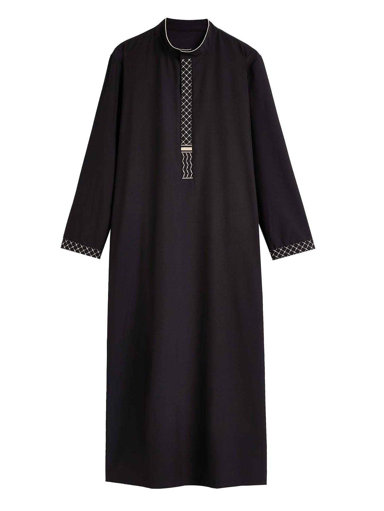 الرجل أنيق قفطان مخطط باللون الأسود مع تطريز - روب بأكمام طويلة وياقة قائمة مع تفاصيل سحاب ذهبية، مزيج من البوليستر، مثالي لشهر رمضان والمناسبات الاحتفالية، هدية للكبار، هدية لرمضان - Ebuy.sa