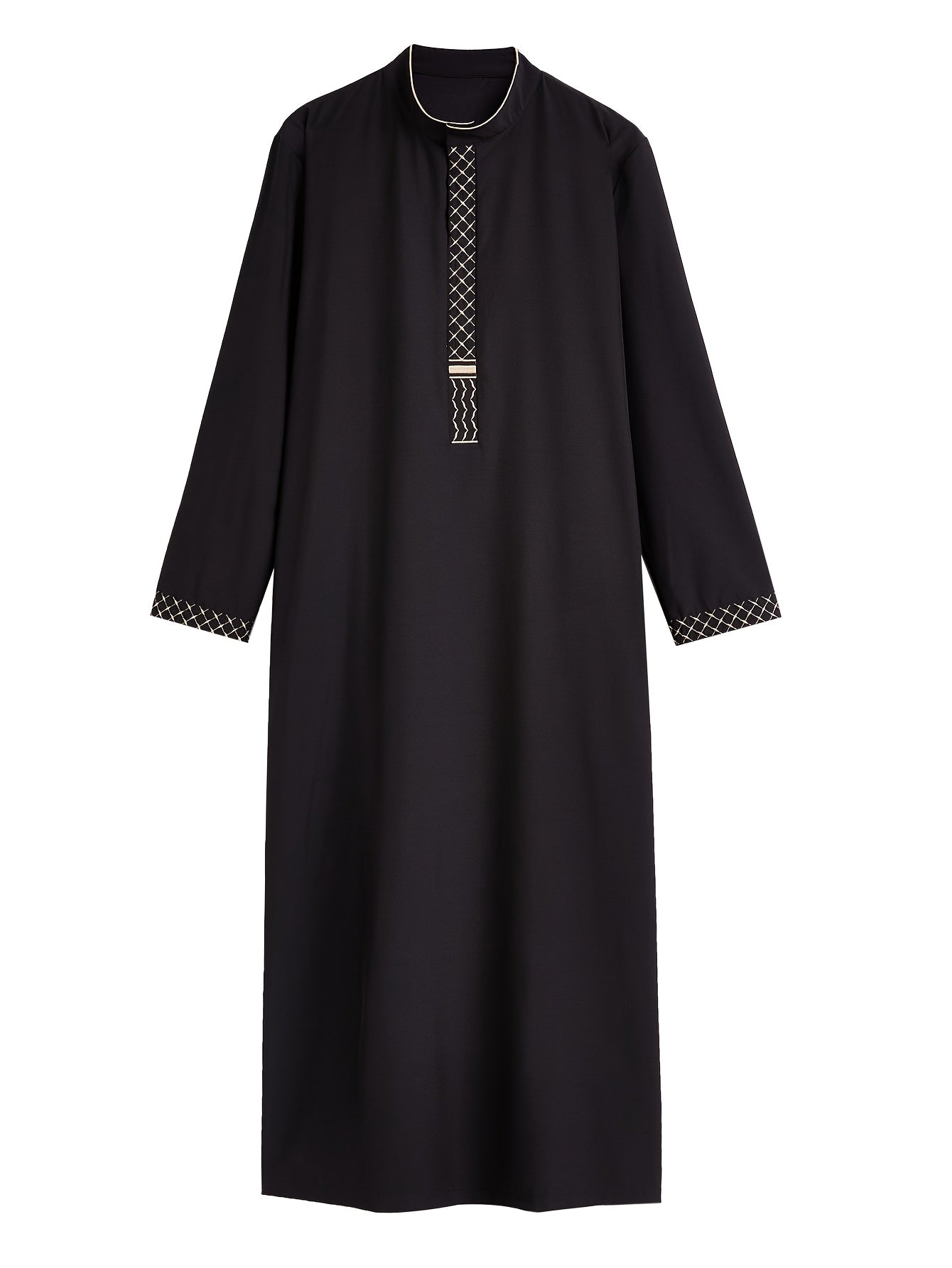 الرجل أنيق قفطان مخطط باللون الأسود مع تطريز - روب بأكمام طويلة وياقة قائمة مع تفاصيل سحاب ذهبية، مزيج من البوليستر، مثالي لشهر رمضان والمناسبات الاحتفالية، هدية للكبار، هدية لرمضان