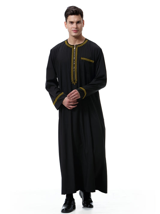 جلباب عربي رجالي أنيق بلون موحد وياقة دائرية - ثوب طويل مخطط عمودي بأكمام طويلة وجيب - كنورة رمضان وعيد الأضحى - دشداشة رجالية تقليدية - جبة حج وكفطان عربي