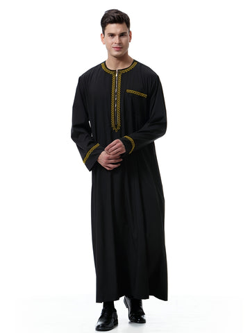 جلباب عربي رجالي أنيق بلون موحد وياقة دائرية - ثوب طويل مخطط عمودي بأكمام طويلة وجيب - كنورة رمضان وعيد الأضحى - دشداشة رجالية تقليدية - جبة حج وكفطان عربي - Ebuy.sa