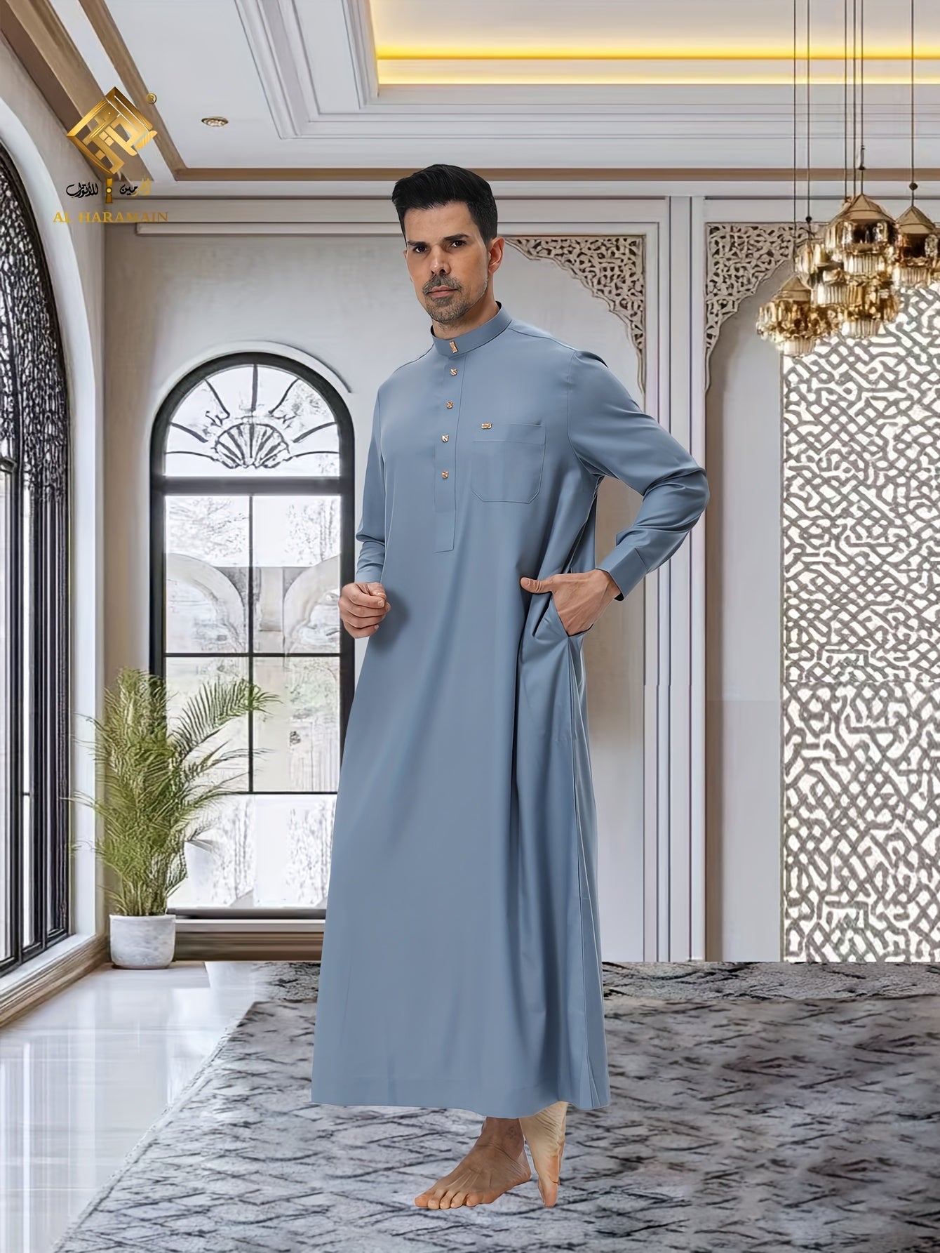 ثوب عربي رجالي من الحرمين – ثوب صلاة فاخر ناعم بأكمام طويلة وياقة واقفة مع أربعة أزرار أمامية، قابل للغسل في الغسالة، ثوب تقليدي أنيق للارتداء اليومي والمناسبات الدينية