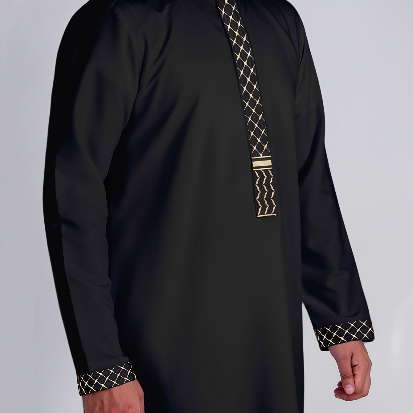الرجل أنيق قفطان مخطط باللون الأسود مع تطريز - روب بأكمام طويلة وياقة قائمة مع تفاصيل سحاب ذهبية، مزيج من البوليستر، مثالي لشهر رمضان والمناسبات الاحتفالية، هدية للكبار، هدية لرمضان