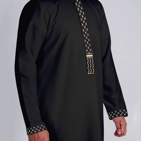 الرجل أنيق قفطان مخطط باللون الأسود مع تطريز - روب بأكمام طويلة وياقة قائمة مع تفاصيل سحاب ذهبية، مزيج من البوليستر، مثالي لشهر رمضان والمناسبات الاحتفالية، هدية للكبار، هدية لرمضان - Ebuy.sa