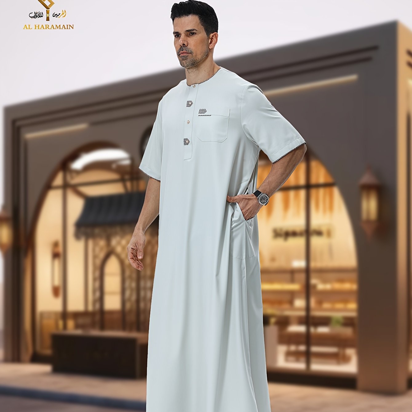 أحدث إصدار 2025 – ثوب رجالي عربي فاخر بقماش ناعم لا يكوّن وبرًا، بتصميم مغربي أنيق، كم قصير، ياقة دائرية مع أزرار، مناسب للصلاة