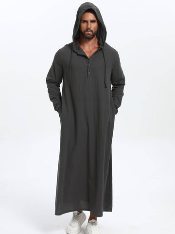 عباية رجالية كاجوال بغطاء رأس وحبل شد – بأكمام طويلة، بلون سادة، تصميم واسع على شكل حرف A، مثالية لجميع المواسم - Ebuy.sa