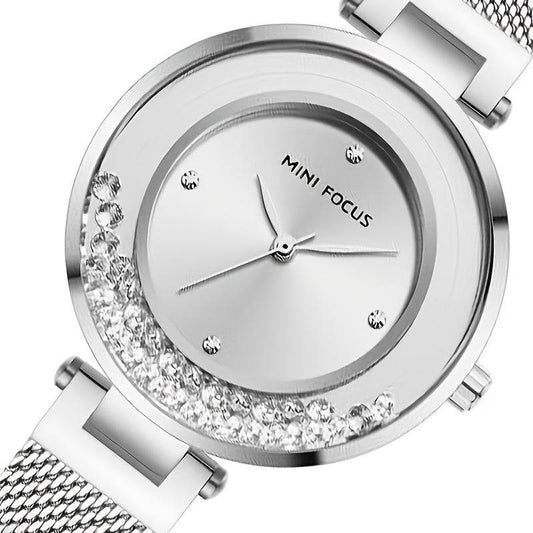 ساعة يد أنيقة للسيدات بتصميم مميز، تتميز بمينا مرصعة بأحجار الراين، وحزام شبكي من الفولاذ المقاوم للصدأ، وحركة كوارتز (فضي) - Ebuy.sa