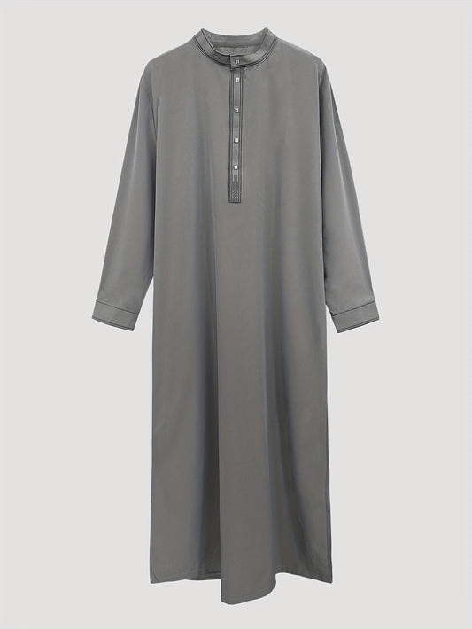 ملابس تقليدية ثقافية رجالية من الشرق الأوسط، رمادي فضي بأكمام طويلة وياقة واقفة، تصميم مناسب لجميع الفصول، بتطريز مخطط باللون الرمادي الفاتح والبنفسجي، زي عربي مسلم إسلامي للعيدين رمضان والأضحى ومهرجان الغلبان - Ebuy.sa