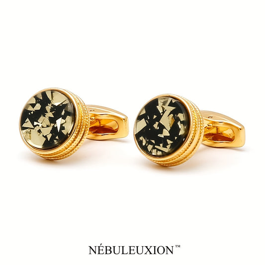 2 قطع أزرار أكمام دائرية أنيقة بأسلوب فرنسي بتصميم هندسي باللونين الأسود والذهبي - Ebuy.sa