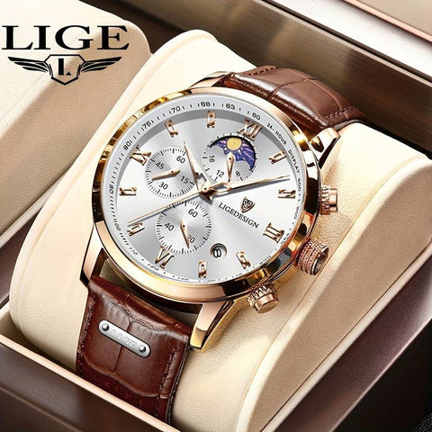 LIGE  ساعة كوارتز أنيقة للرجال مع سوار من الجلد الصناعي من - Ebuy.sa