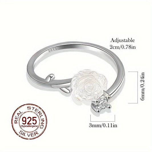 خاتم أنيق قابل للتعديل للنساء من الفضة النقية 925 بتصميم وردة - Ebuy.sa