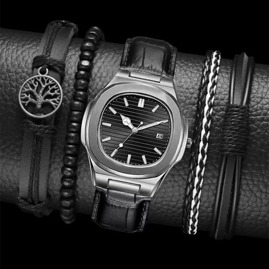ساعة رجالية فاخرة كوارتز بتصميم أنيق وسوار معدني مع تقويم