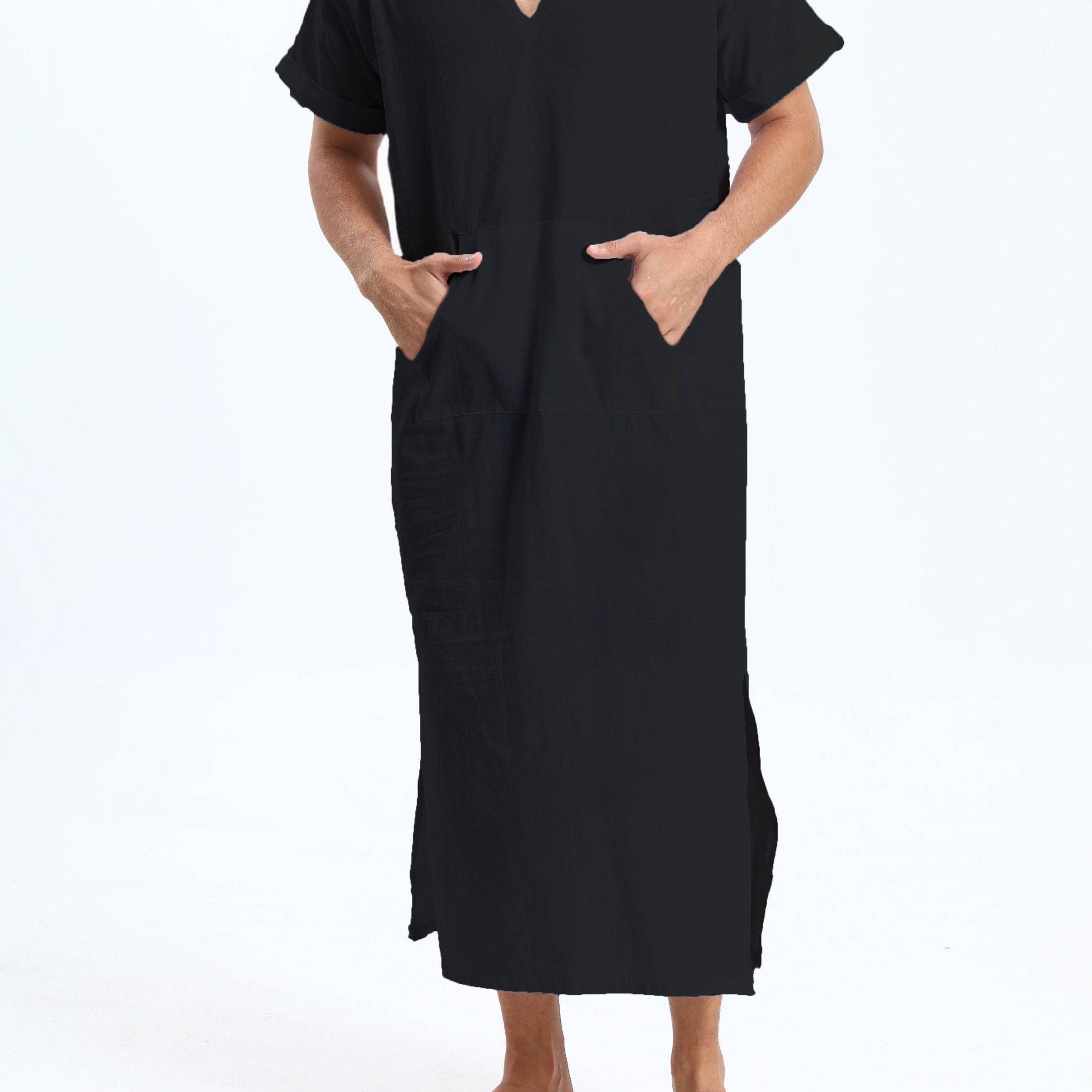 جلابية عربية رجالية بغطاء رأس من القطن – بأكمام قصيرة، باللون الأسود، مع جيوب، مريحة وكاجوال لفصول الربيع والصيف والخريف | جلابية صيفية بأكمام قصيرة | قماش غير شفاف، مثالية كهدية لكبار السن - Ebuy.sa