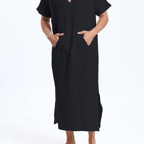 جلابية عربية رجالية بغطاء رأس من القطن – بأكمام قصيرة، باللون الأسود، مع جيوب، مريحة وكاجوال لفصول الربيع والصيف والخريف | جلابية صيفية بأكمام قصيرة | قماش غير شفاف، مثالية كهدية لكبار السن - Ebuy.sa