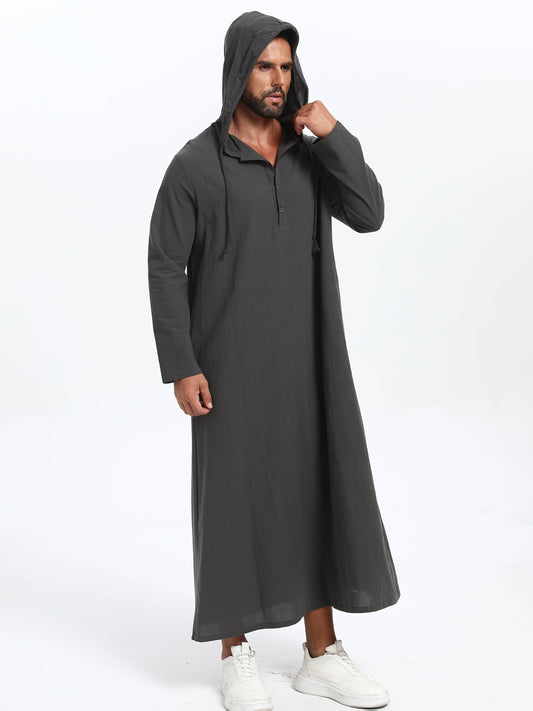 عباية رجالية كاجوال بغطاء رأس وحبل شد – بأكمام طويلة، بلون سادة، تصميم واسع على شكل حرف A، مثالية لجميع المواسم - Ebuy.sa