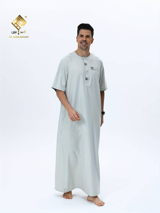 أحدث إصدار 2025 – ثوب رجالي عربي فاخر بقماش ناعم لا يكوّن وبرًا، بتصميم مغربي أنيق، كم قصير، ياقة دائرية مع أزرار، مناسب للصلاة - Ebuy.sa