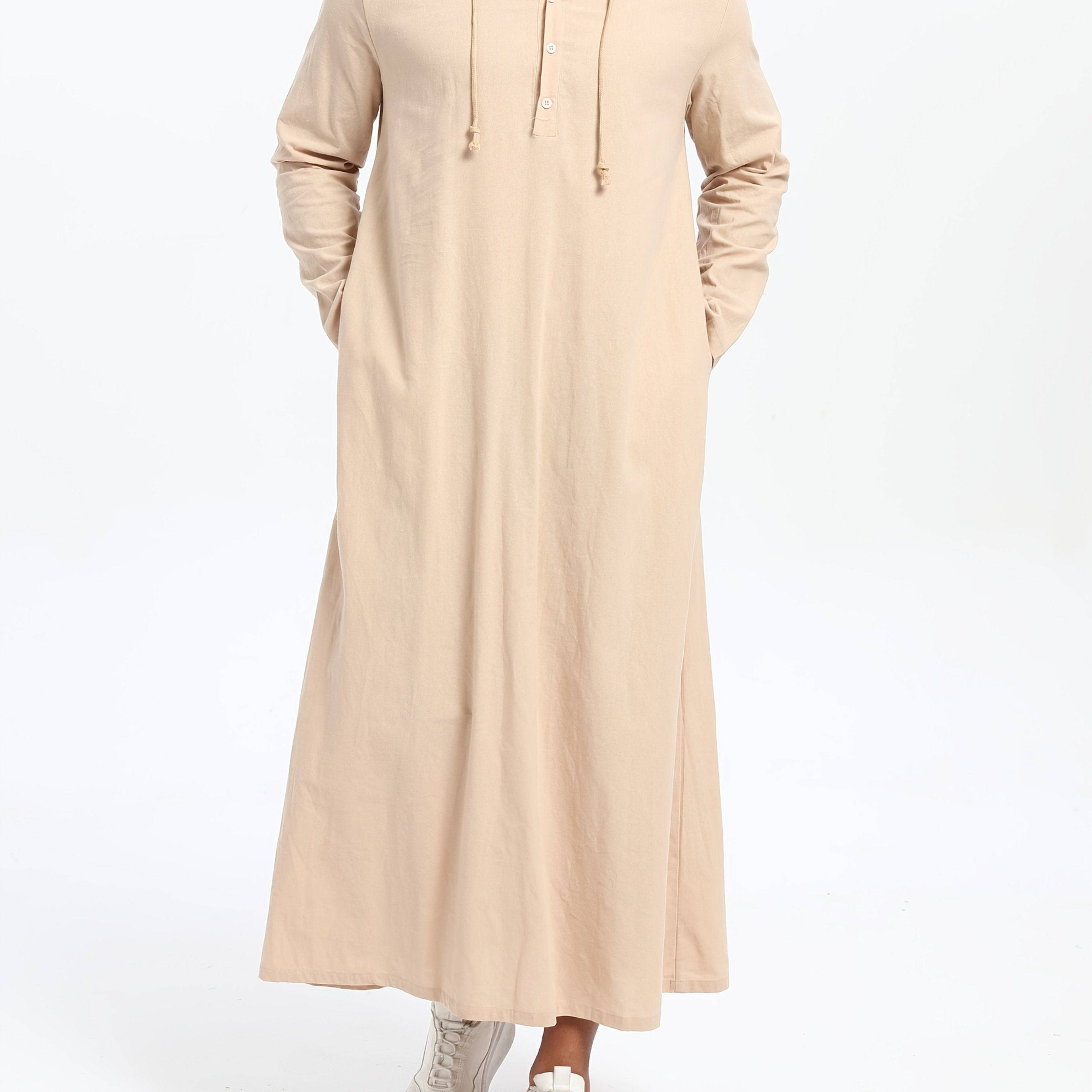 عباية رجالية كاجوال بغطاء رأس وحبل شد – بأكمام طويلة، بلون سادة، تصميم واسع على شكل حرف A، مثالية لجميع المواسم - Ebuy.sa