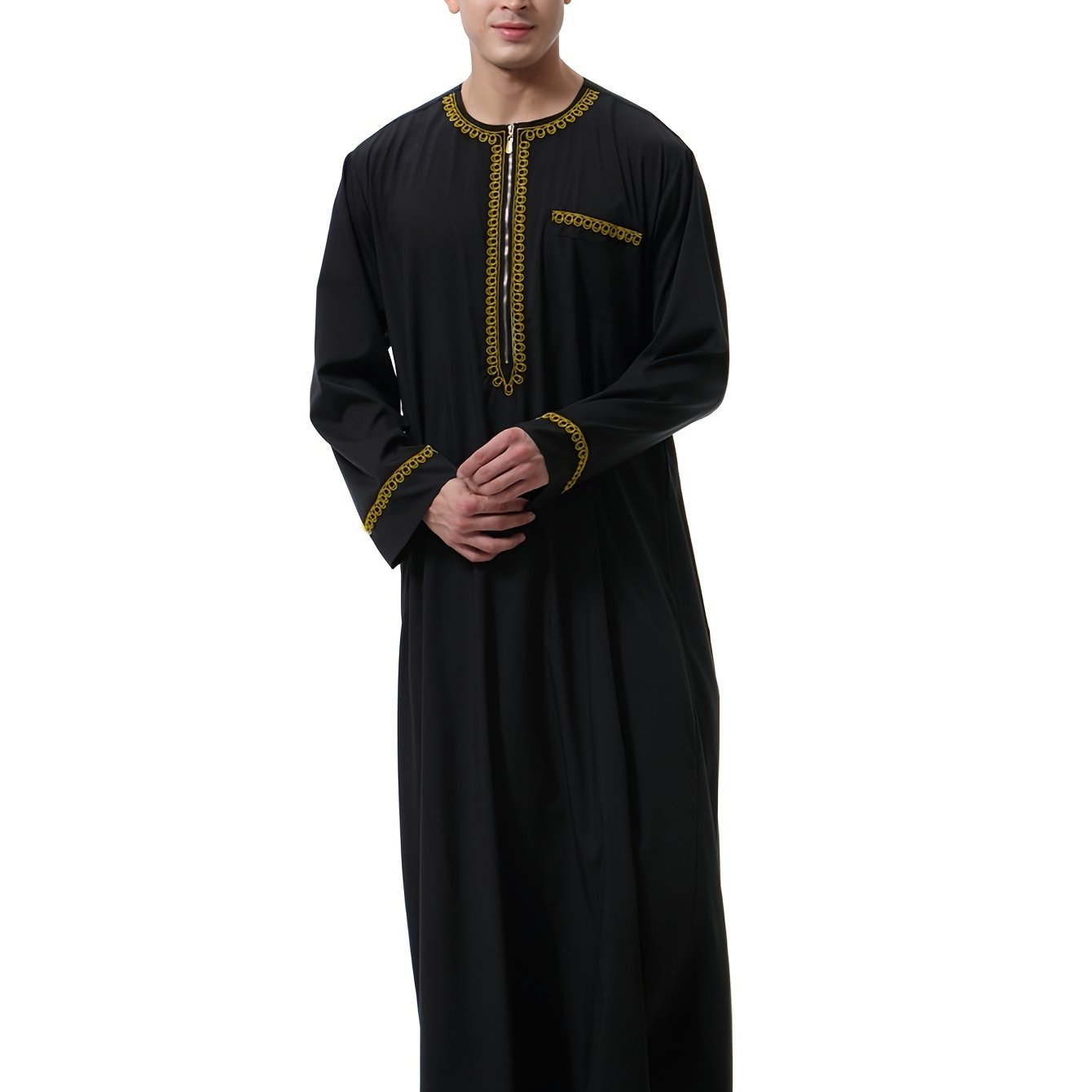 جلباب عربي رجالي أنيق بلون موحد وياقة دائرية - ثوب طويل مخطط عمودي بأكمام طويلة وجيب - كنورة رمضان وعيد الأضحى - دشداشة رجالية تقليدية - جبة حج وكفطان عربي - Ebuy.sa