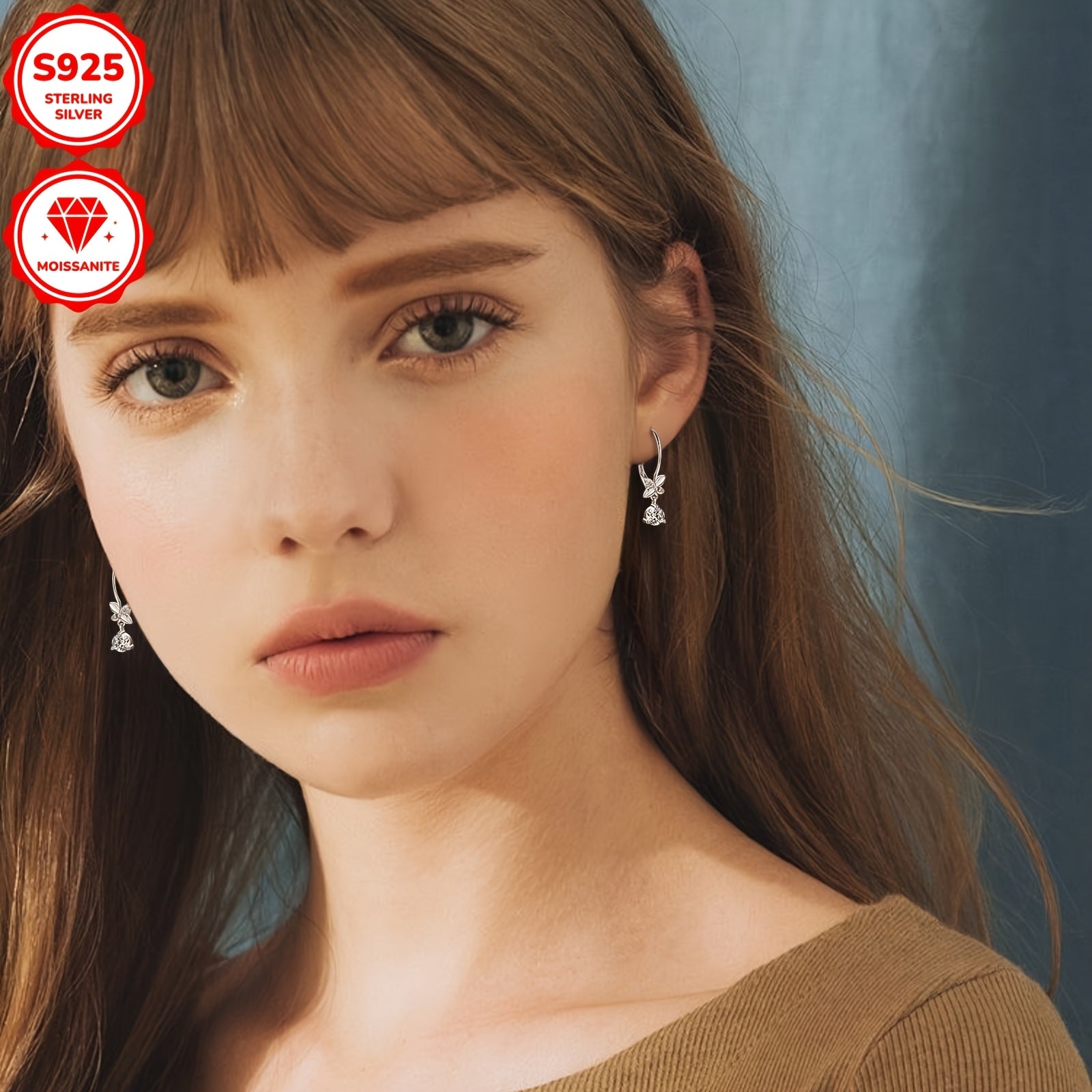 زوج حلق مويسانيت نسائي، تصميم متدلي أنيق، مصنوع من فضة 925