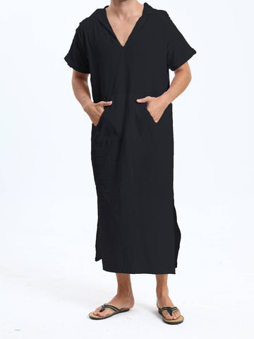 جلابية عربية رجالية بغطاء رأس من القطن – بأكمام قصيرة، باللون الأسود، مع جيوب، مريحة وكاجوال لفصول الربيع والصيف والخريف | جلابية صيفية بأكمام قصيرة | قماش غير شفاف، مثالية كهدية لكبار السن - Ebuy.sa