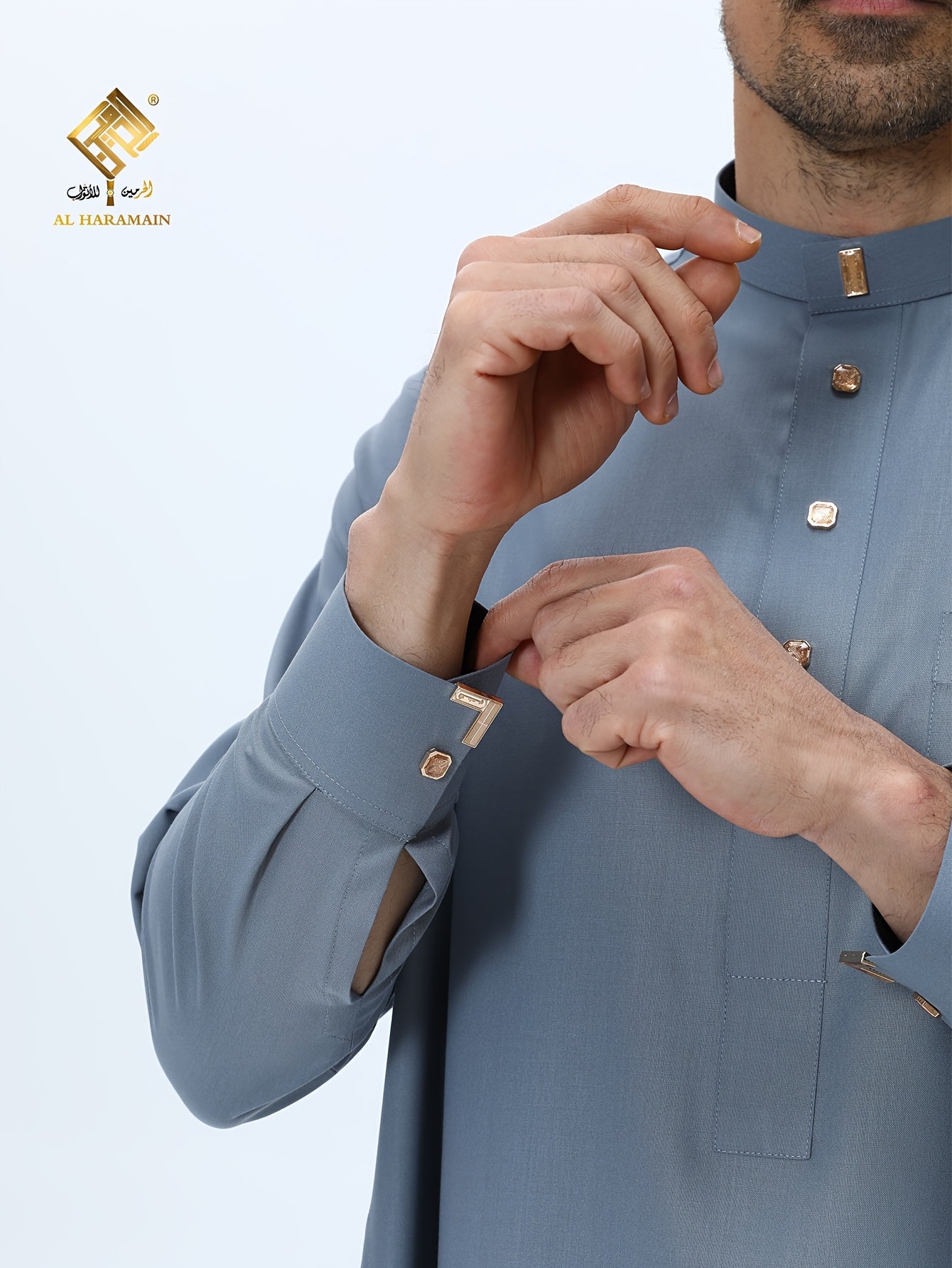 ثوب عربي رجالي من الحرمين – ثوب صلاة فاخر ناعم بأكمام طويلة وياقة واقفة مع أربعة أزرار أمامية، قابل للغسل في الغسالة، ثوب تقليدي أنيق للارتداء اليومي والمناسبات الدينية