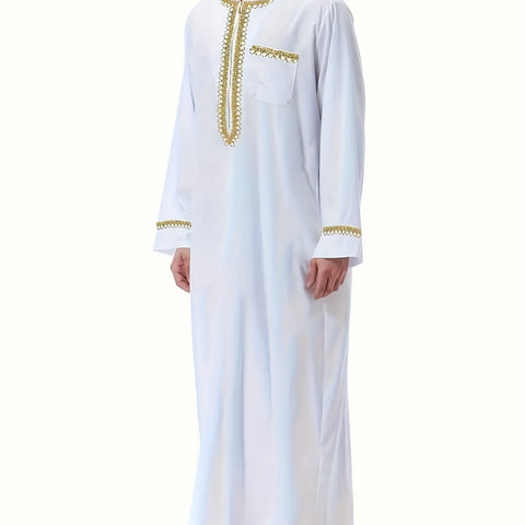 جلباب عربي رجالي أنيق بلون موحد وياقة دائرية - ثوب طويل مخطط عمودي بأكمام طويلة وجيب - كنورة رمضان وعيد الأضحى - دشداشة رجالية تقليدية - جبة حج وكفطان عربي - Ebuy.sa