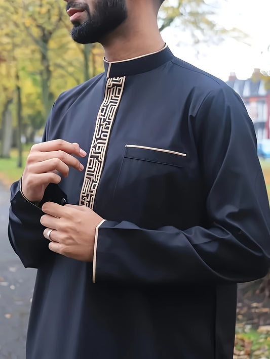 ثوب رجالي تقليدي أنيق مطرز، قماش بوليستر غير مطاطي، لون موحد، ياقة واقفة، قصة عادية، منسوج، لجميع الفصول، زي للمناسبات الإسلامية - Ebuy.sa