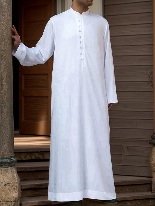 ثوب عربي رجالي كاجوال – قماش بوليستر ناعم وقابل للتنفس مع مزيج سباندكس، بأكمام طويلة وياقة واقفة، بلون أبيض سادة، بقصة فضفاضة، جاكيت عيد الفطر، مثالي للحج أو المناسبات الثقافية للمسلمين - Ebuy.sa