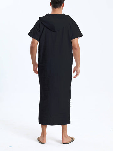 جلابية عربية رجالية بغطاء رأس من القطن – بأكمام قصيرة، باللون الأسود، مع جيوب، مريحة وكاجوال لفصول الربيع والصيف والخريف | جلابية صيفية بأكمام قصيرة | قماش غير شفاف، مثالية كهدية لكبار السن - Ebuy.sa