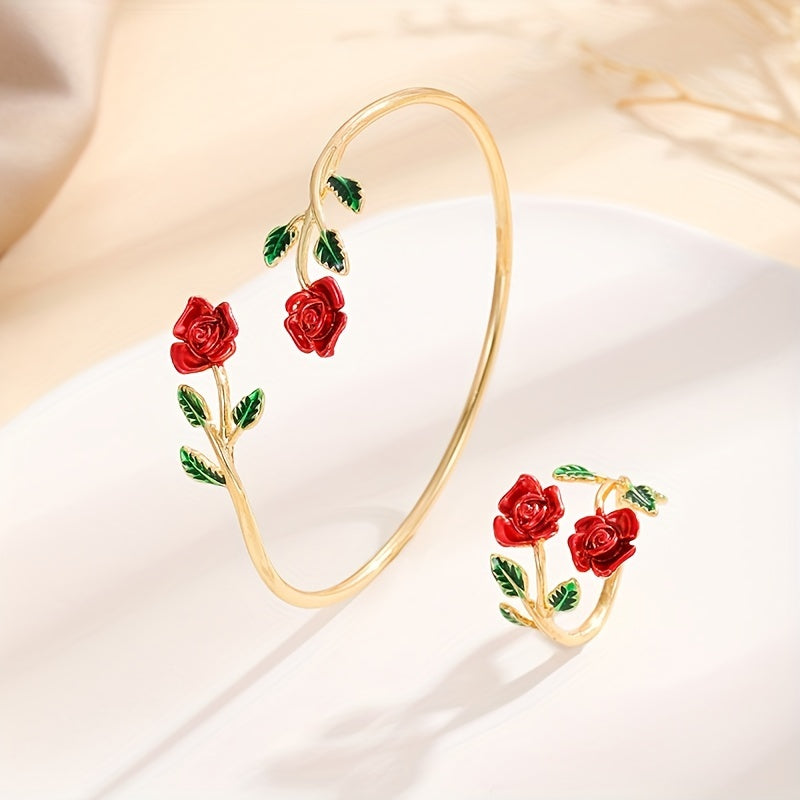 طقم سوار وخاتم بتصميم زهرة الورد – مجوهرات أنيقة بتصميم زهري للنساء