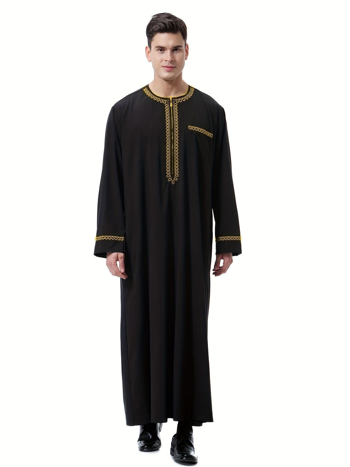 جلباب عربي رجالي أنيق بلون موحد وياقة دائرية - ثوب طويل مخطط عمودي بأكمام طويلة وجيب - كنورة رمضان وعيد الأضحى - دشداشة رجالية تقليدية - جبة حج وكفطان عربي - Ebuy.sa