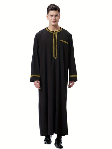 جلباب عربي رجالي أنيق بلون موحد وياقة دائرية - ثوب طويل مخطط عمودي بأكمام طويلة وجيب - كنورة رمضان وعيد الأضحى - دشداشة رجالية تقليدية - جبة حج وكفطان عربي - Ebuy.sa