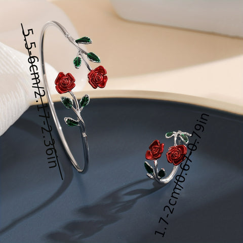 طقم سوار وخاتم بتصميم زهرة الورد – مجوهرات أنيقة بتصميم زهري للنساء