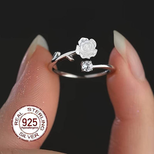 خاتم أنيق قابل للتعديل للنساء من الفضة النقية 925 بتصميم وردة - Ebuy.sa