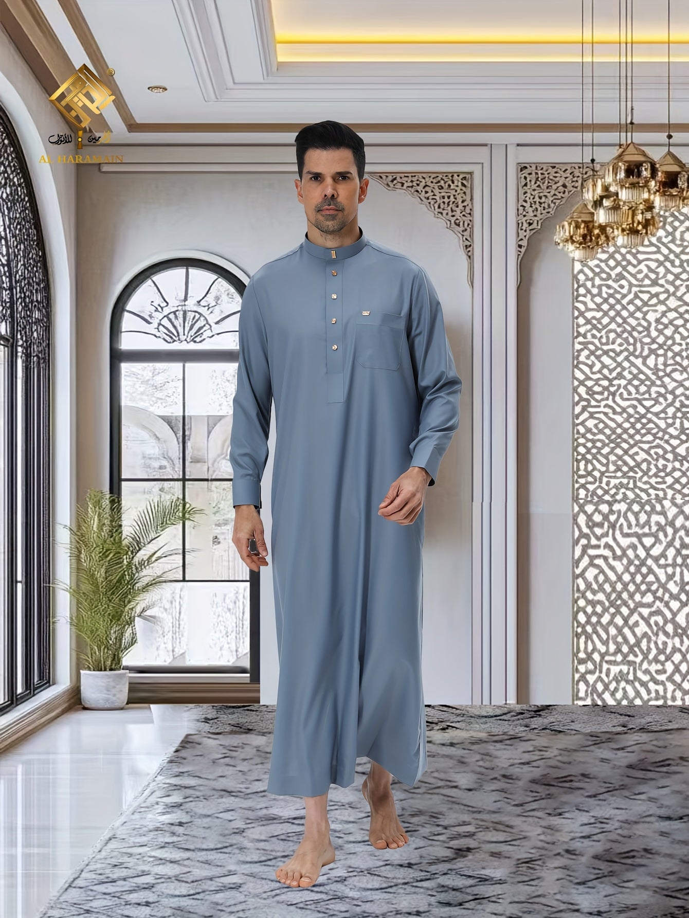 ثوب عربي رجالي من الحرمين – ثوب صلاة فاخر ناعم بأكمام طويلة وياقة واقفة مع أربعة أزرار أمامية، قابل للغسل في الغسالة، ثوب تقليدي أنيق للارتداء اليومي والمناسبات الدينية