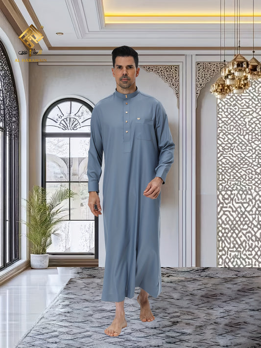 ثوب عربي رجالي من الحرمين – ثوب صلاة فاخر ناعم بأكمام طويلة وياقة واقفة مع أربعة أزرار أمامية، قابل للغسل في الغسالة، ثوب تقليدي أنيق للارتداء اليومي والمناسبات الدينية