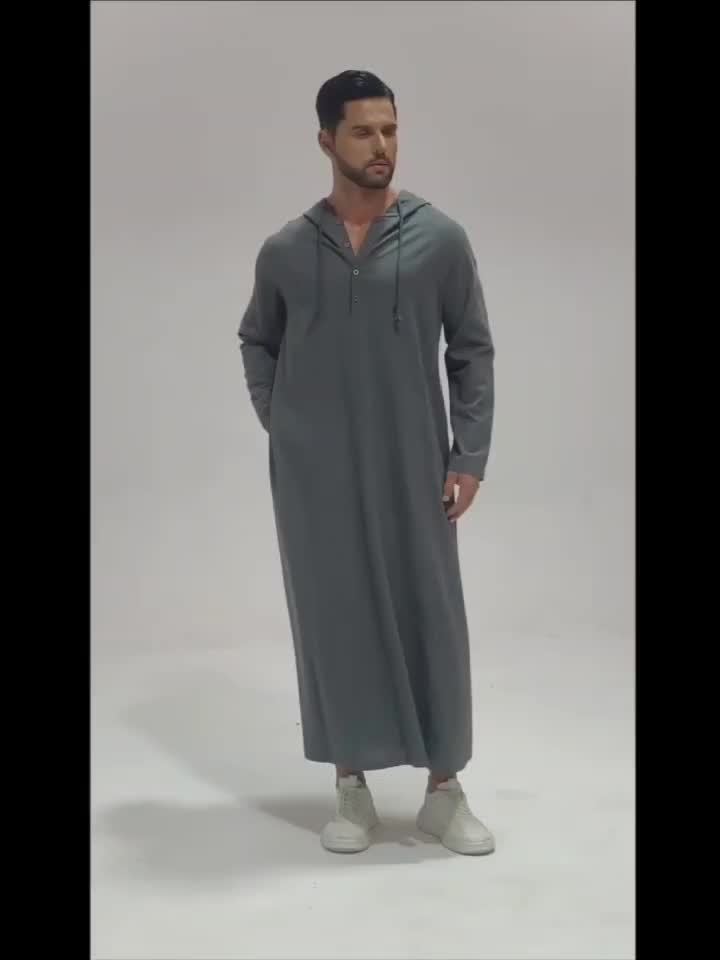 عباية رجالية كاجوال بغطاء رأس وحبل شد – بأكمام طويلة، بلون سادة، تصميم واسع على شكل حرف A، مثالية لجميع المواسم