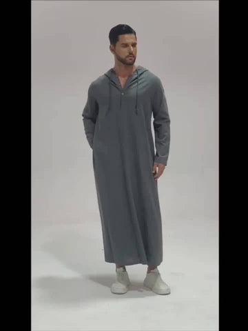 عباية رجالية كاجوال بغطاء رأس وحبل شد – بأكمام طويلة، بلون سادة، تصميم واسع على شكل حرف A، مثالية لجميع المواسم - Ebuy.sa