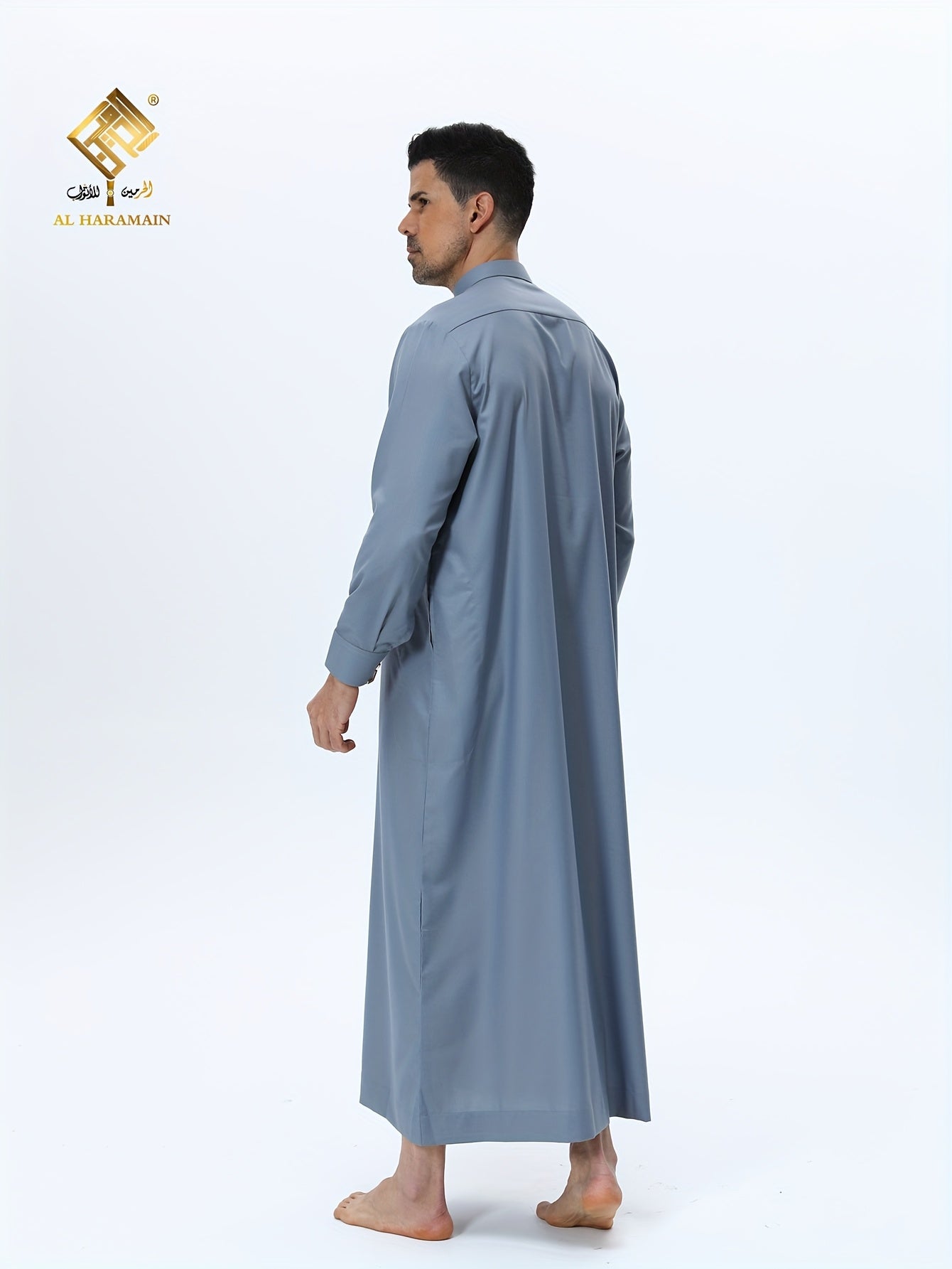 ثوب عربي رجالي من الحرمين – ثوب صلاة فاخر ناعم بأكمام طويلة وياقة واقفة مع أربعة أزرار أمامية، قابل للغسل في الغسالة، ثوب تقليدي أنيق للارتداء اليومي والمناسبات الدينية