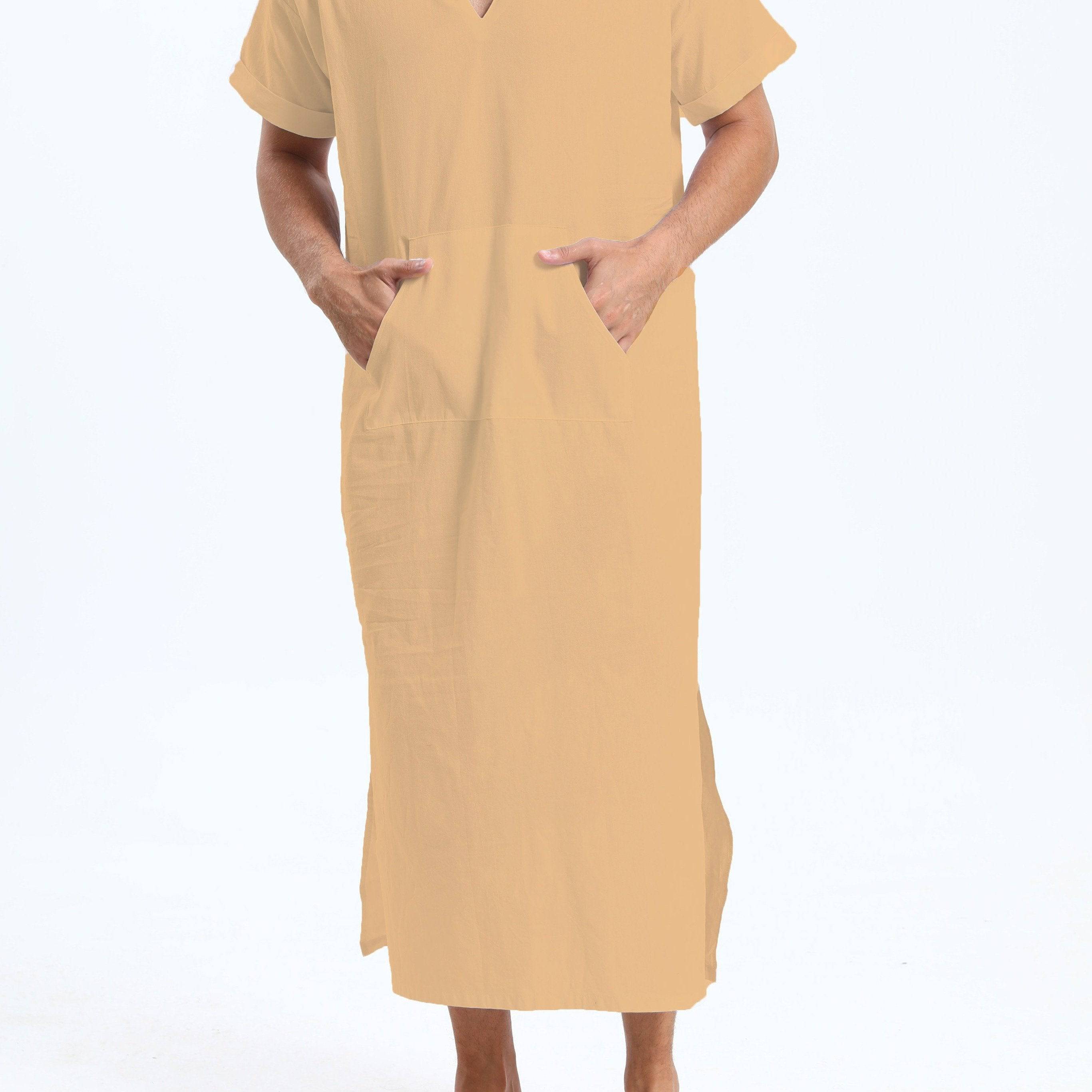 جلابية عربية رجالية بغطاء رأس من القطن – بأكمام قصيرة، باللون الأسود، مع جيوب، مريحة وكاجوال لفصول الربيع والصيف والخريف | جلابية صيفية بأكمام قصيرة | قماش غير شفاف، مثالية كهدية لكبار السن - Ebuy.sa