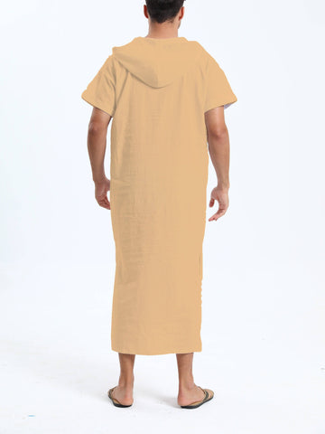 جلابية عربية رجالية بغطاء رأس من القطن – بأكمام قصيرة، باللون الأسود، مع جيوب، مريحة وكاجوال لفصول الربيع والصيف والخريف | جلابية صيفية بأكمام قصيرة | قماش غير شفاف، مثالية كهدية لكبار السن - Ebuy.sa