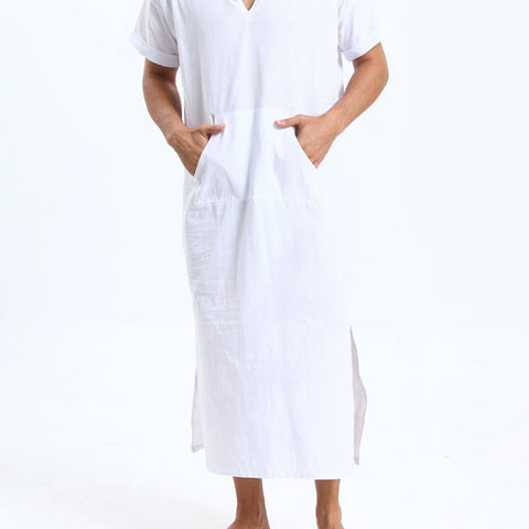 جلابية عربية رجالية بغطاء رأس من القطن – بأكمام قصيرة، باللون الأسود، مع جيوب، مريحة وكاجوال لفصول الربيع والصيف والخريف | جلابية صيفية بأكمام قصيرة | قماش غير شفاف، مثالية كهدية لكبار السن - Ebuy.sa