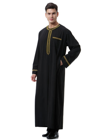 جلباب عربي رجالي أنيق بلون موحد وياقة دائرية - ثوب طويل مخطط عمودي بأكمام طويلة وجيب - كنورة رمضان وعيد الأضحى - دشداشة رجالية تقليدية - جبة حج وكفطان عربي - Ebuy.sa
