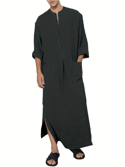 رجالي قندورة قطنية أنيقة بأكمام طويلة وجيوب مزدوجة – بأسلوب سعودي شرق أوسطي، باللون البيج، بياقة دائرية، مع فتحة أزرار، قابلة للغسيل بالغسالة، رداء تقليدي مناسب لفصلي الربيع والخريف، هدية مثالية للكبار ولمناسبات رمضان. - Ebuy.sa