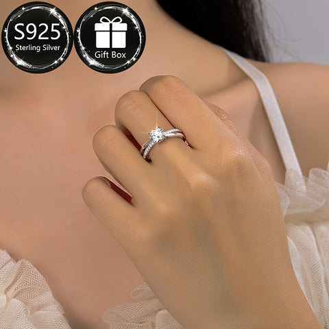 خاتم فضة استرلينية 925 بتصميم أنيق مع زركونيا صناعية مثبتة بأربع أسنان